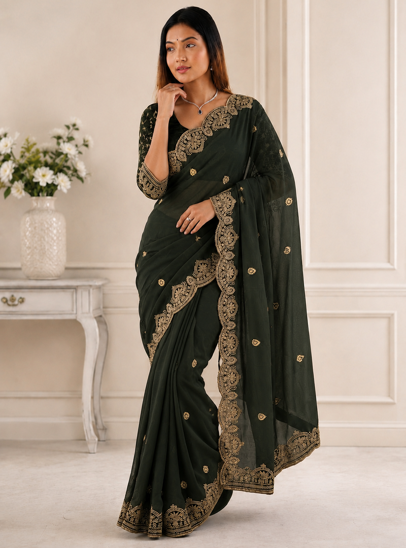 Mahendi Color Embroidery all over Star Georgette Saree