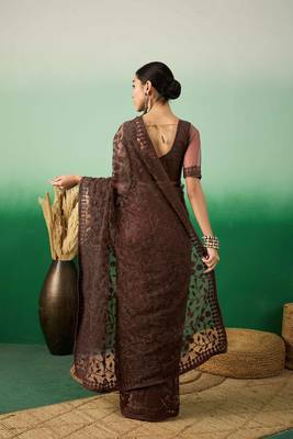 Coffee embroidered work net saree with floral design 5