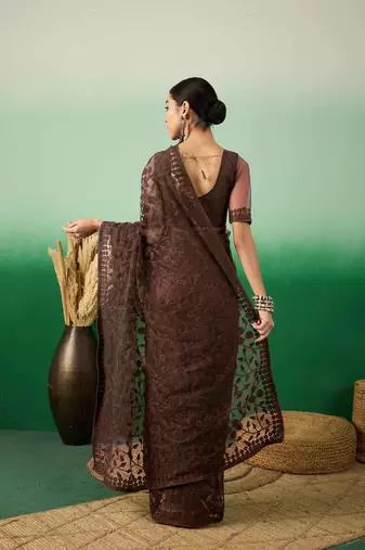 Coffee embroidered work net saree with floral design