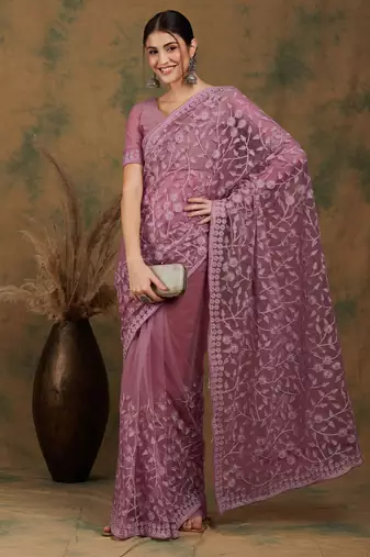Mauve embroidered work net saree with floral design