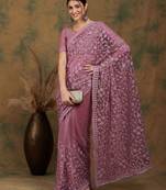 Mauve embroidered work net saree with floral design