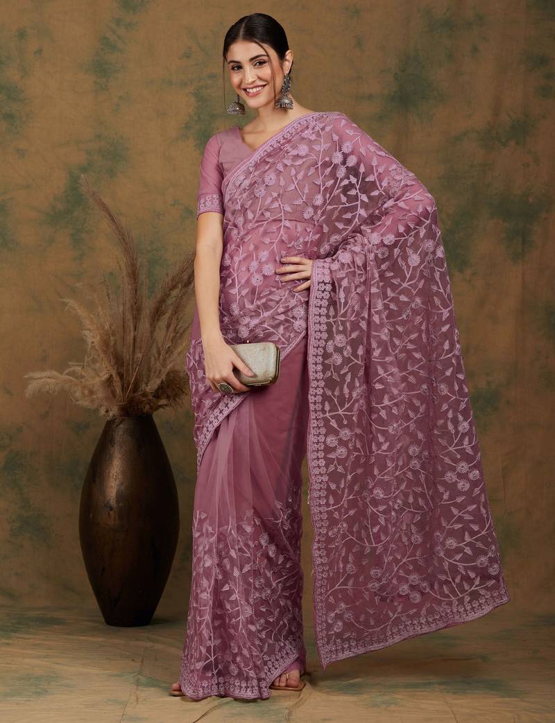 Mauve embroidered work net saree with floral design