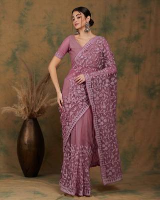 Mauve embroidered work net saree with floral design 2