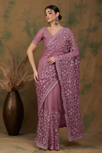 Mauve embroidered work net saree with floral design