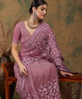 Mauve embroidered work net saree with floral design 3