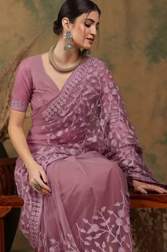 Mauve embroidered work net saree with floral design