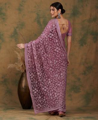 Mauve embroidered work net saree with floral design 4