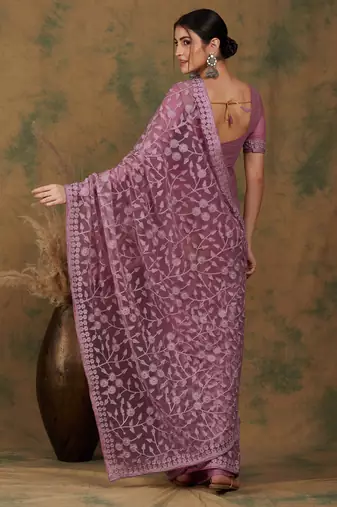 Mauve embroidered work net saree with floral design
