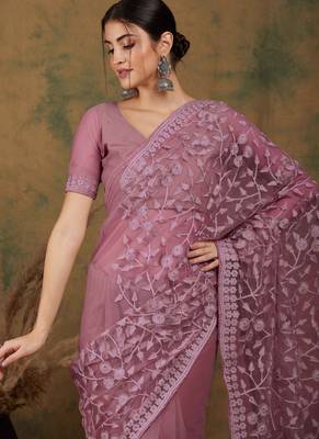 Mauve embroidered work net saree with floral design 5