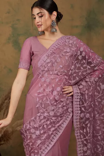 Mauve embroidered work net saree with floral design