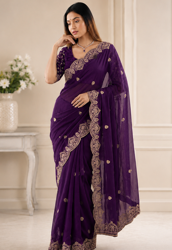 Purple Color Embroidery all over Star Georgette Saree