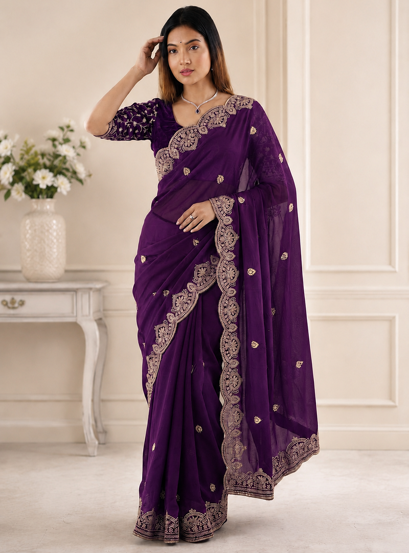 Purple Color Embroidery all over Star Georgette Saree