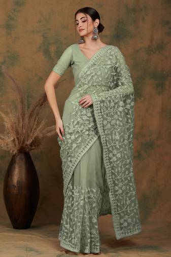 Light olive embroidered work net saree with floral design