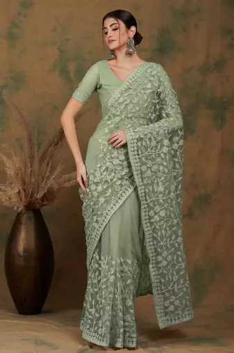 Light olive embroidered work net saree with floral design