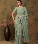 Light olive embroidered work net saree with floral design
