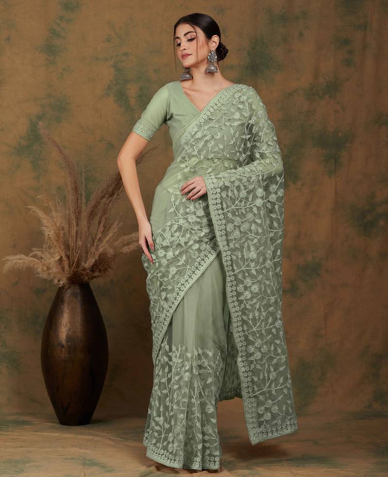 Light olive embroidered work net saree with floral design