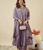 Women's Gorgeous Embroidery Work Vichitra Silk Fabric Flared Kurta Pant and Dupatta Set