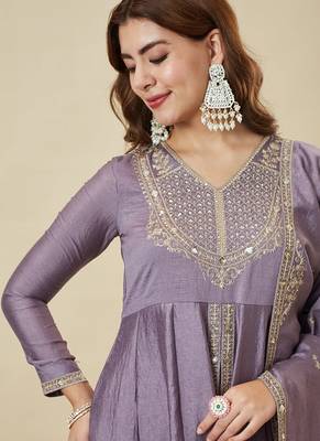 Women's Gorgeous Embroidery Work Vichitra Silk Fabric Flared Kurta Pant and Dupatta Set 2