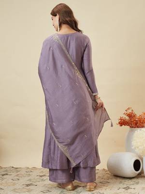Women's Gorgeous Embroidery Work Vichitra Silk Fabric Flared Kurta Pant and Dupatta Set 4