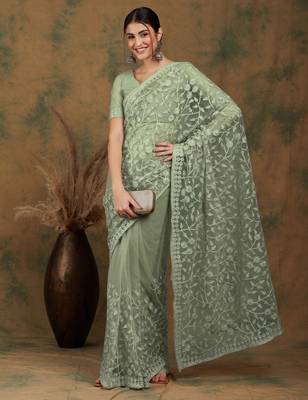 Light olive embroidered work net saree with floral design 2