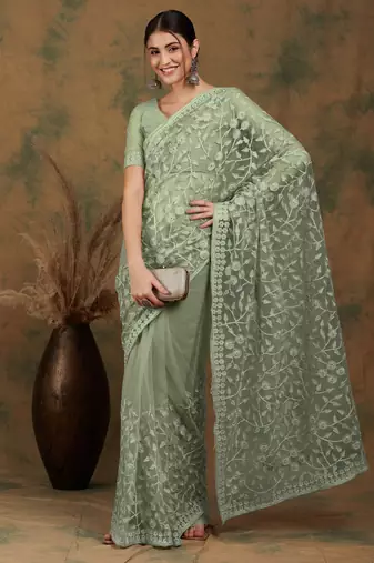 Light olive embroidered work net saree with floral design