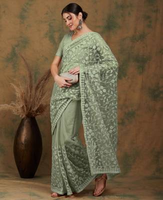 Light olive embroidered work net saree with floral design 3