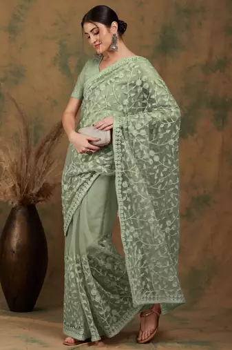 Light olive embroidered work net saree with floral design