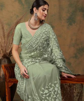 Light olive embroidered work net saree with floral design 4