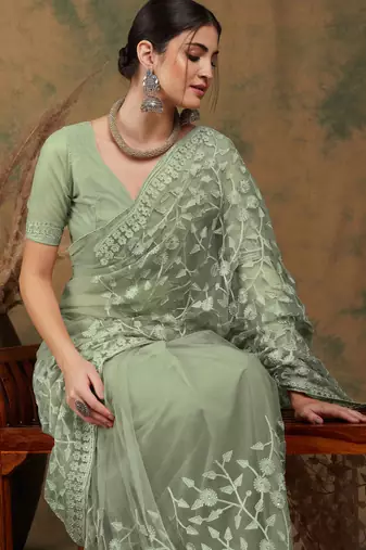 Light olive embroidered work net saree with floral design