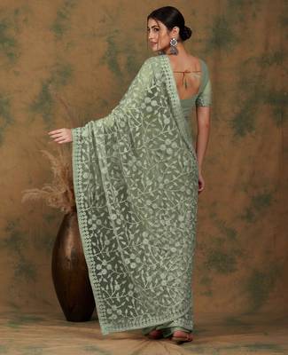 Light olive embroidered work net saree with floral design 5