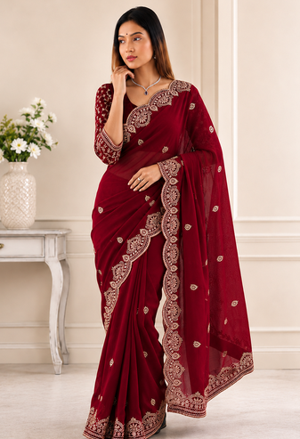 Red Color Embroidery all over Star Georgette Saree