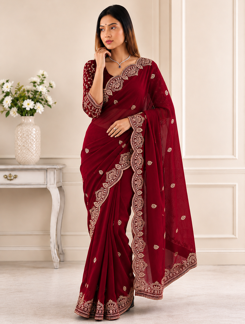 Red Color Embroidery all over Star Georgette Saree