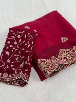 Red Color Embroidery all over Star Georgette Saree 3
