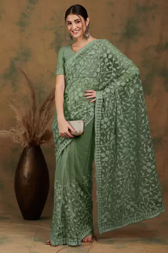 Olive embroidered work net saree with floral design