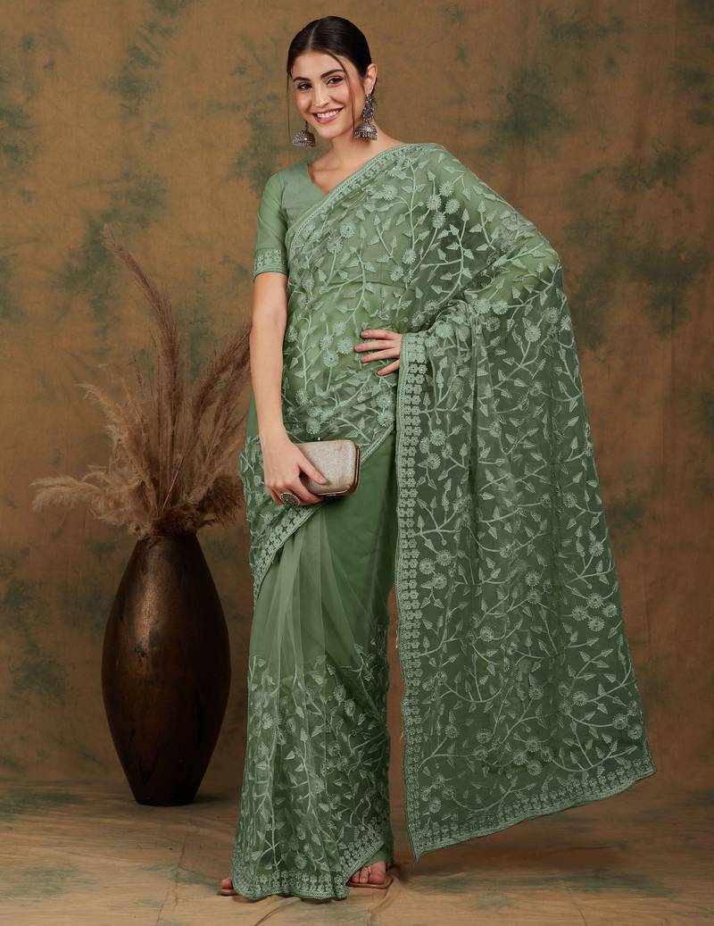 Olive embroidered work net saree with floral design