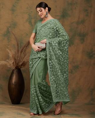 Olive embroidered work net saree with floral design 2