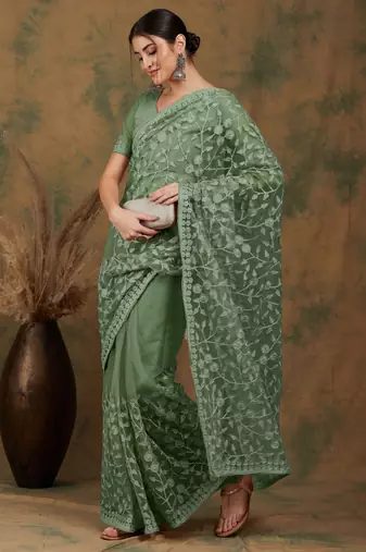 Olive embroidered work net saree with floral design
