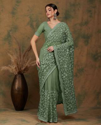 Olive embroidered work net saree with floral design 3