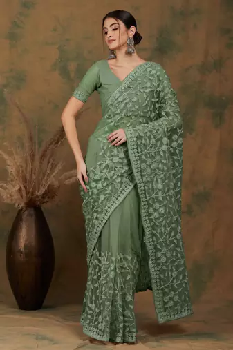 Olive embroidered work net saree with floral design