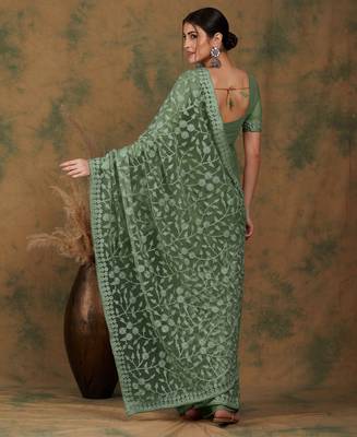 Olive embroidered work net saree with floral design 4