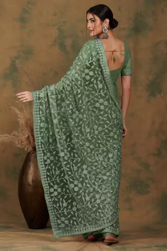 Olive embroidered work net saree with floral design