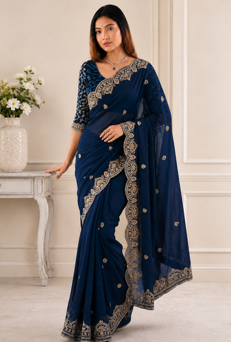Teal Color Embroidery all over Star Georgette Saree