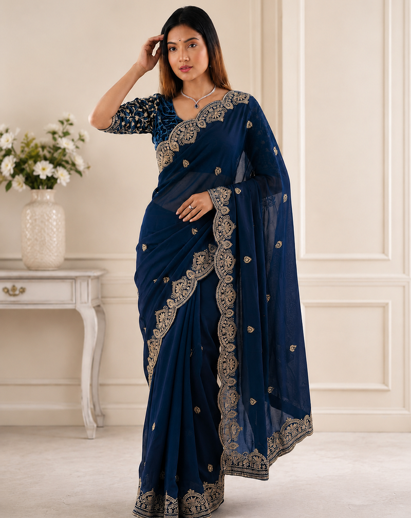 Teal Color Embroidery all over Star Georgette Saree