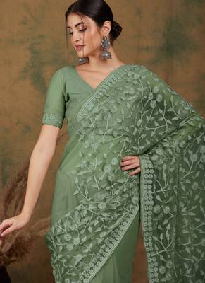 Olive embroidered work net saree with floral design 5