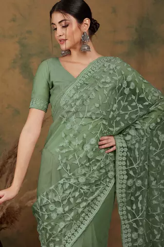 Olive embroidered work net saree with floral design