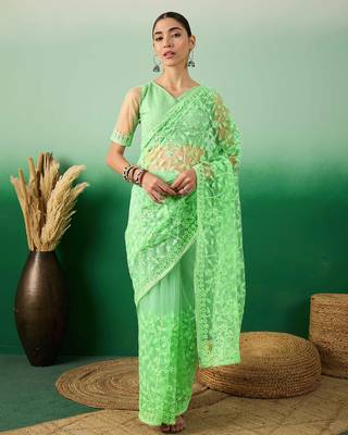 Pastel green work net saree with floral design 1