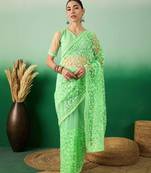 Pastel green work net saree with floral design