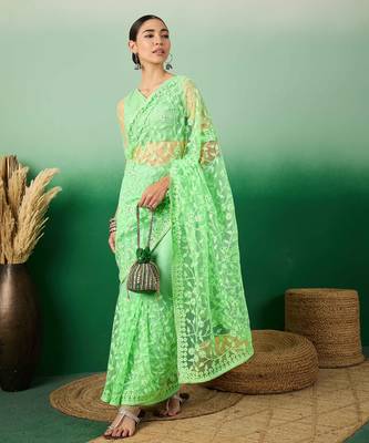 Pastel green work net saree with floral design 2