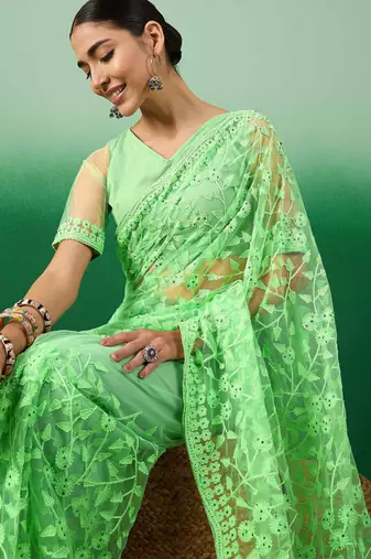 Pastel green work net saree with floral design