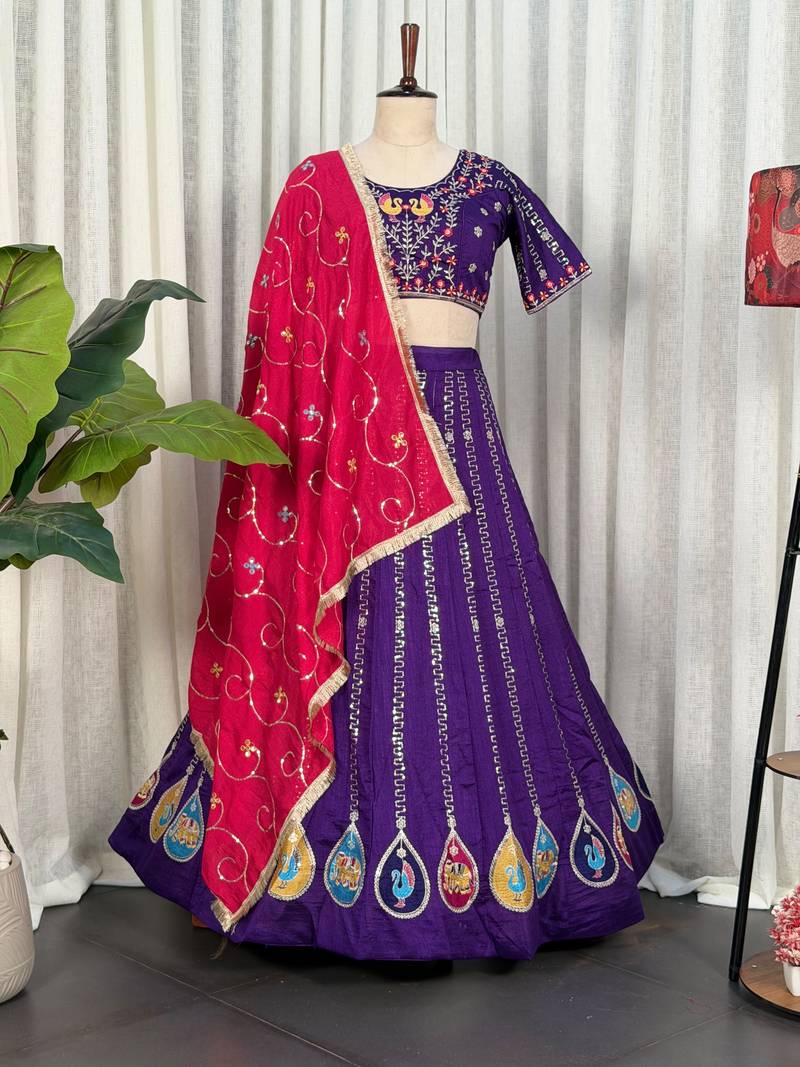 Royal Purple Navratri Lehenga Choli with Pink Dupatta